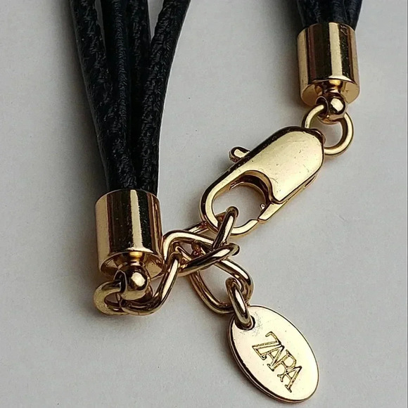 Zara Golden Circular Pendant Necklace Black Triple Leather Cord Clasp Back NWT - Picture 15 of 16